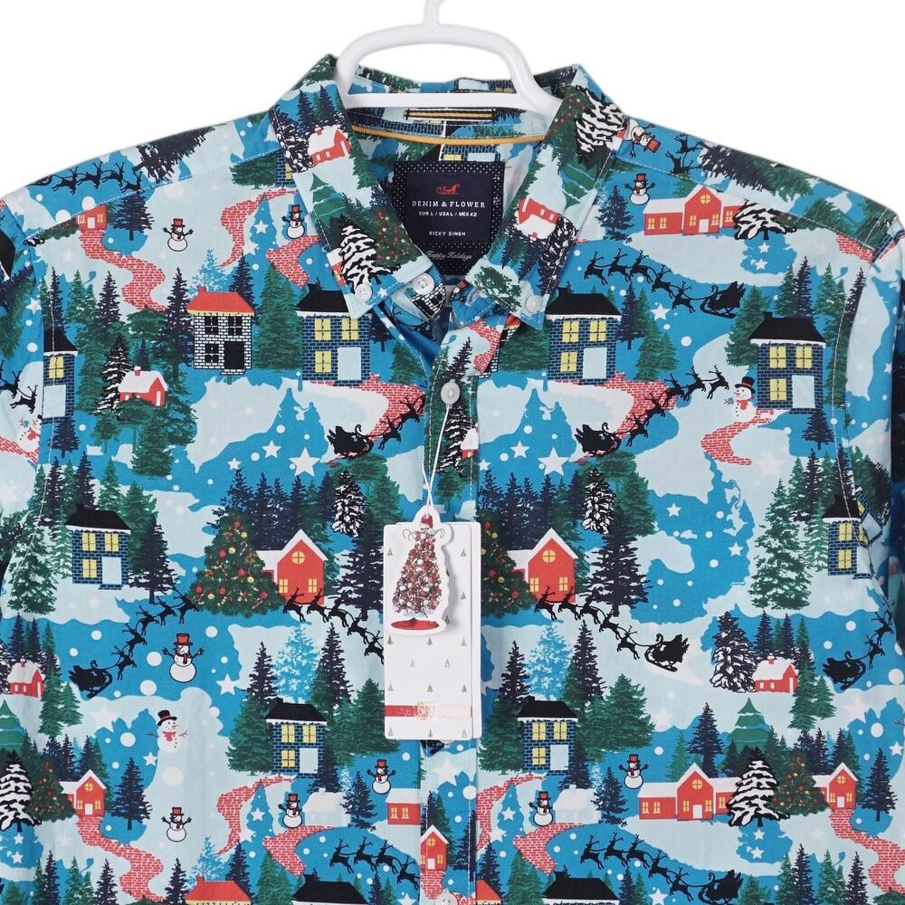 NWT DENIM & FLOWER Ricky Singh Christmas Shirt Men L Santa Snowmen Button Up - Picture 2 of 8
